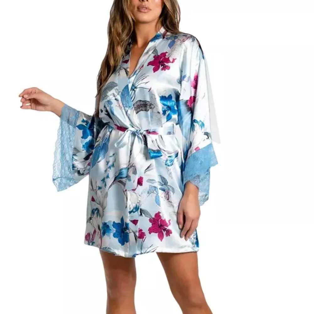Linea Donatella Ayanna Satin Lace-Trim Robe Blue Floral NWT Sz L/XL - Picture 2 of 7